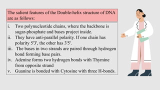 i. Two polynucleotide chains, where the backbone is
sugar-phosphate and bases project inside.
ii. They have anti-parallel ...