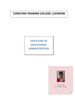CHRISTIAN TRAINING COLLEGE, LUCKNOW
Presented By:
Ms. Ranjana Prasad
STRUCTURE OF
EDUCATIONAL
ADMINISTRATION
 