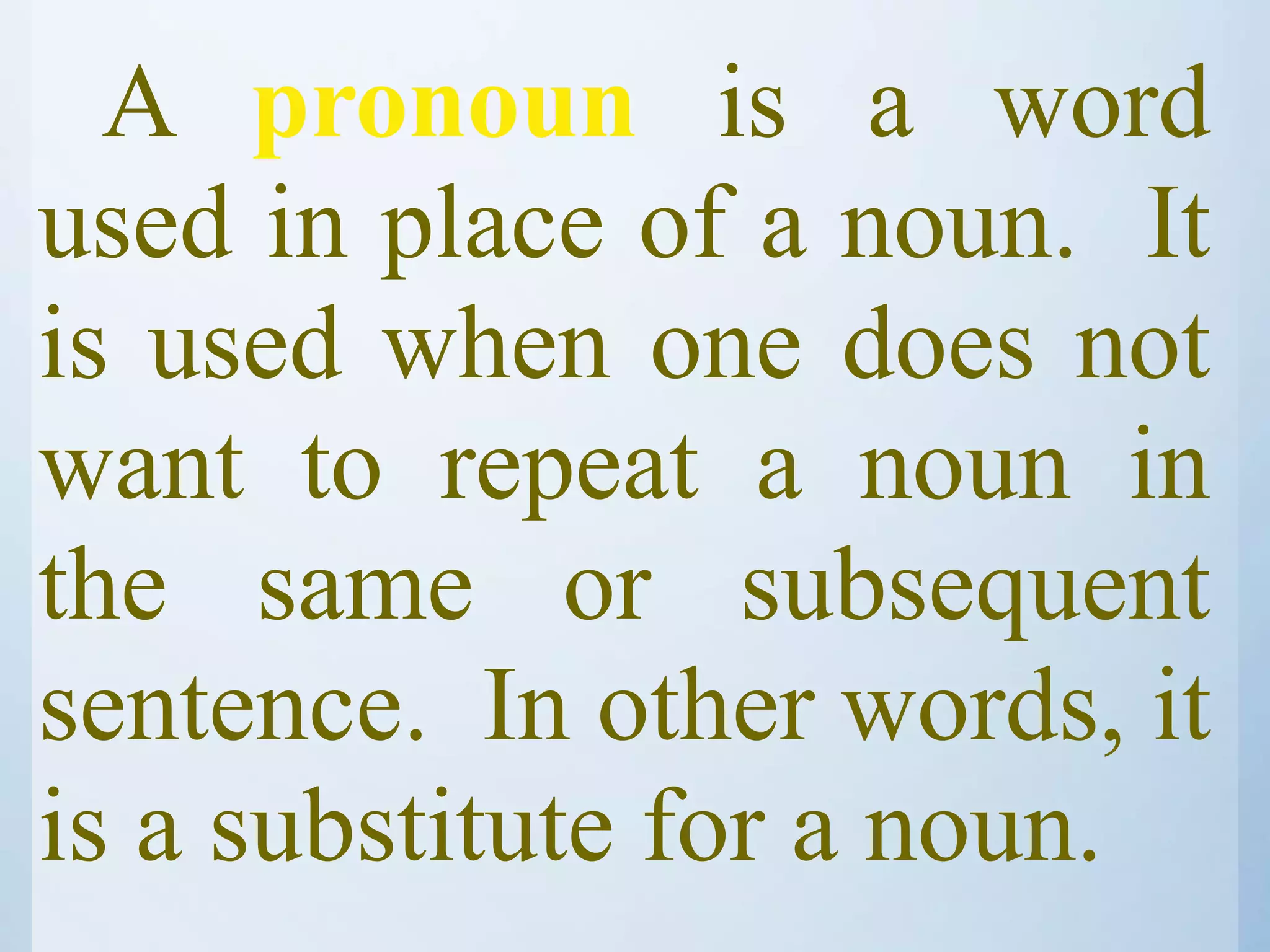 A pronoun is a word
used in place of a noun. It
is used when one does not
want to repeat a noun in
the same or subsequent
sentence. In other words, it
is a substitute for a noun.
 