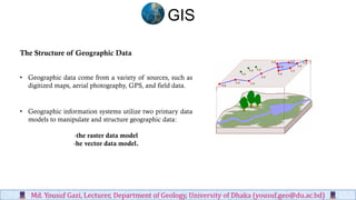 The Structure of Geographic Data
• Geographic data come from a variety of sources, such as
digitized maps, aerial photography, GPS, and field data.
• Geographic information systems utilize two primary data
models to manipulate and structure geographic data:
-the raster data model
-he vector data model.
GIS
Md. Yousuf Gazi, Lecturer, Department of Geology, University of Dhaka (yousuf.geo@du.ac.bd)
 