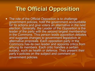 The Official Opposition The role of the Official Opposition is to challenge government policies, hold the government accountable for its actions and give voters an alternative in the next election. Generally, the Leader of the Opposition is the leader of the party with the second largest membership in the Commons. This person leads opposition debates and suggests changes to government legislation or alternative proposals. Each opposition party in the Commons has its own leader and appoints critics from among its members. Each critic handles a certain subject, such as health or defence. They present their party’s policies on the subject and comment on government policies.   