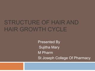 STRUCTURE OF HAIR AND
HAIR GROWTH CYCLE
Presented By
Sujitha Mary
M Pharm
St Joseph College Of Pharmacy
 