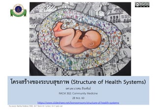 Pix source: Bantita Rodkred, PMAC 2017 World Art Contest, 14-17 years old
โครงสร้างของระบบสุขภาพ (Structure of Health Systems)
ผศ.นพ.บวรศม ลีระพันธ์
RACM 302: Community Medicine
28 พ.ย. 60
https://www.slideshare.net/borwornsom/structure-of-health-systems
 