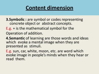 3.Symbolic : are symbol or codes representing
concrete object or abstract concepts.
E.g. + is the mathematical symbol for the
Operation of addition.
4.Semantic of learning are those words and ideas
which evoke a mental image when they are
presented as stimuli.
E.g. sun, car, white, moon, etc. are word which
evoke image in people’s minds when they hear or
read them.
Content dimension
 