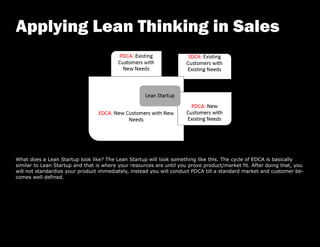 What does a Lean Startup look like? The Lean Startup will look something like this. The cycle of EDCA is basically
similar to Lean Startup and that is where your resources are until you prove product/market fit. After doing that, you
will not standardize your product immediately, instead you will conduct PDCA till a standard market and customer be-
comes well defined.
Applying Lean Thinking in Sales
 