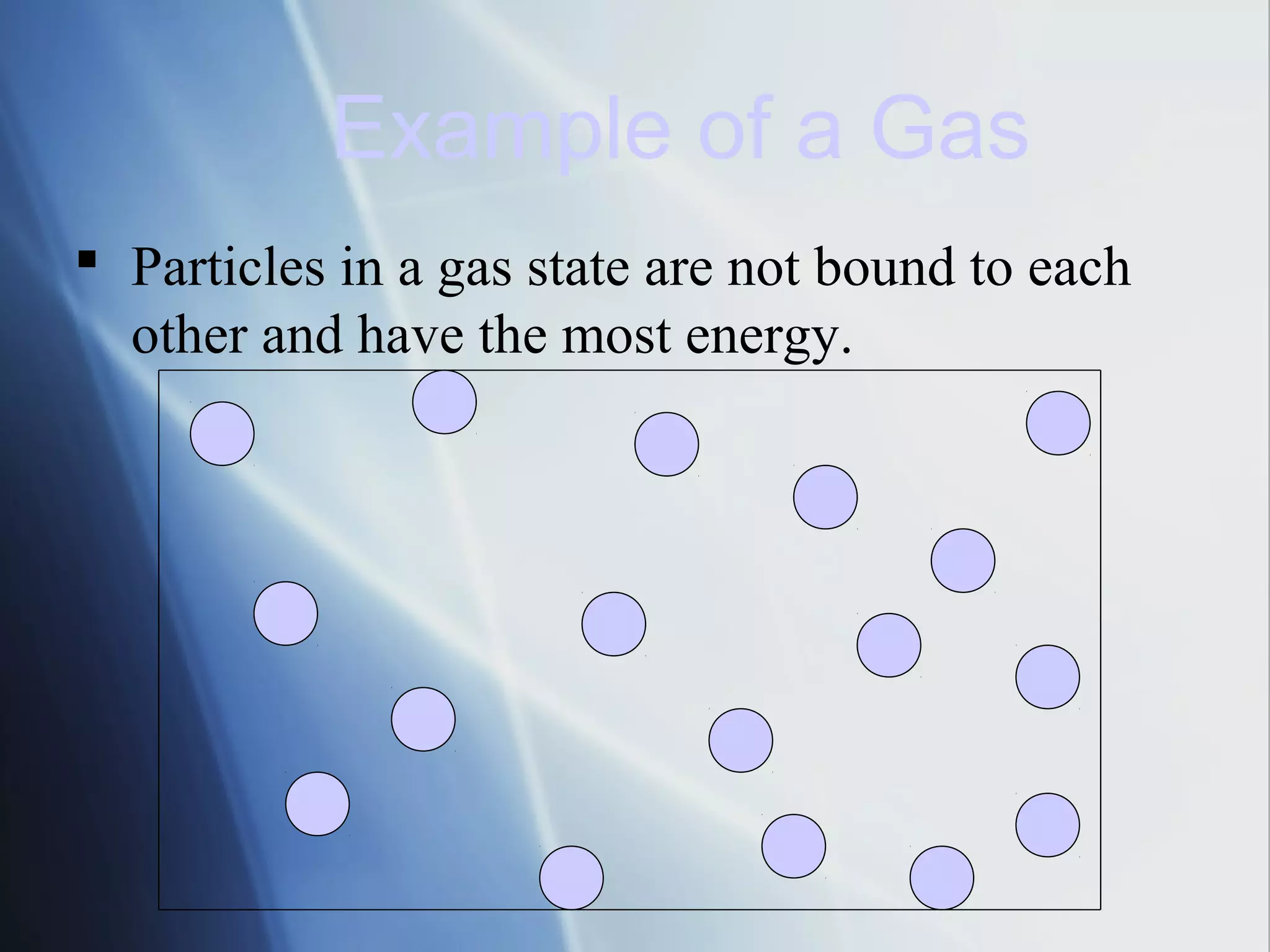  Particles in a gas state are not bound to each
other and have the most energy.
Example of a Gas
 