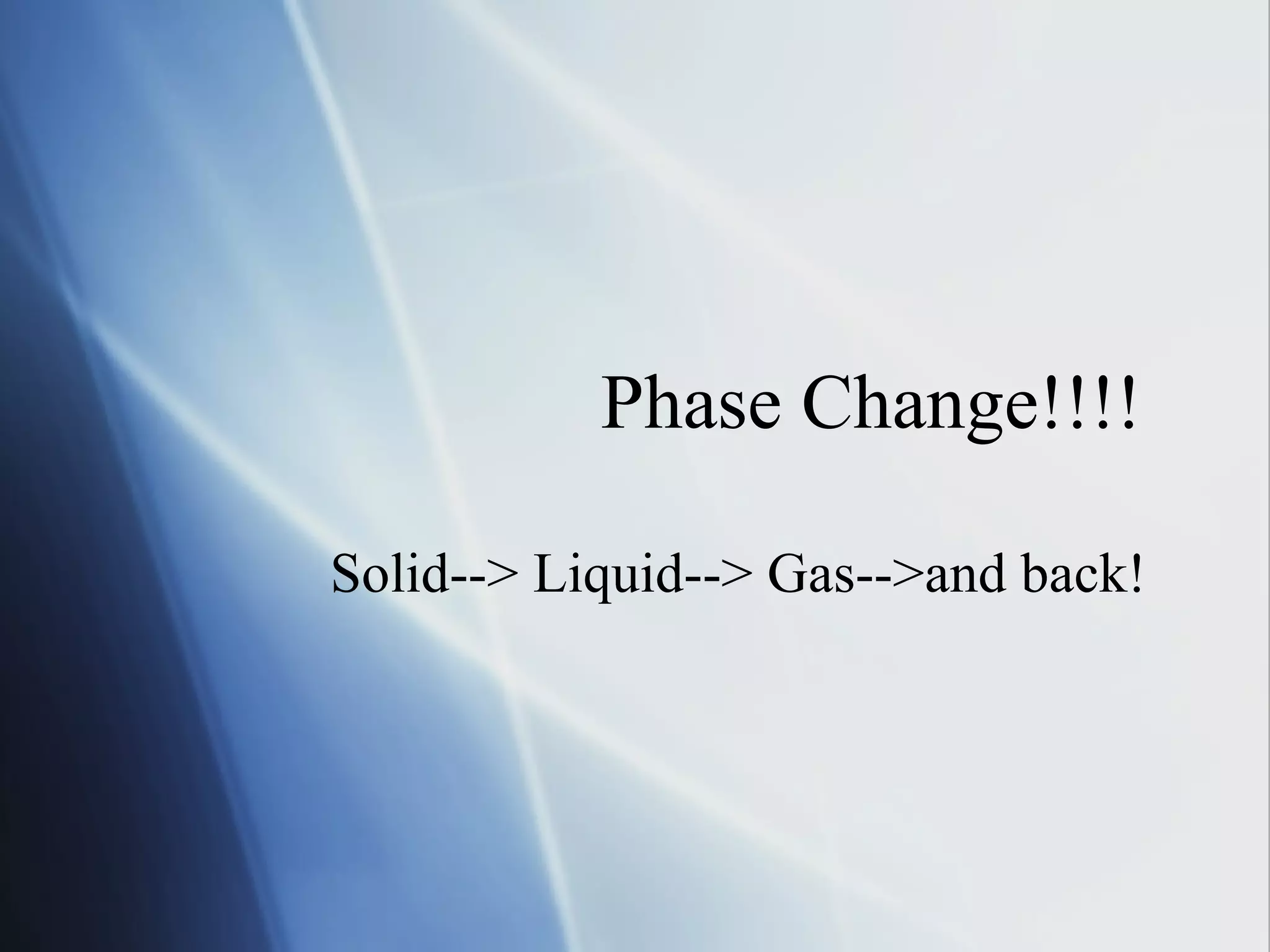 Phase Change!!!!
Solid--> Liquid--> Gas-->and back!
 