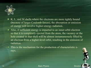 K, L, and M shells where the electrons are more tightly bound
(because of larger Coulomb forces), the absorption or emission
of energy will involve higher-energy radiation.
Also, if sufficient energy is imparted to an inner-orbit electron
so that it is completely ejected from the atom, the vacancy or the
hole created in that shell will be almost instantaneously filled by
an electron from a higher-level orbit, resulting in the emission of
radiation.
This is the mechanism for the production of characteristic x-
rays.
Basic Physics Structure of Matter11
 