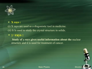 X rays :
(i) X rays are used as a diagonistic tool in medicine.
(ii) It Is used to study the crystal structure in solids.
γ−rays :
Study of γ rays gives useful information about the nuclear
structure and it is used for treatment of cancer.
Basic Physics Structure of Matter26
 