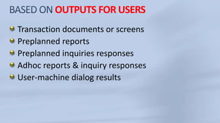 OUTPUTS FOR USERS
Transaction documents or screens
Preplanned reports
Preplanned inquiries responses
Adhoc reports & inquiry responses
User-machine dialog results
 