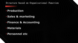 Structure based on Organisational Function
• Production
• Sales & marketing
• Finance & Accounting
• Materials
• Personnel etc
 