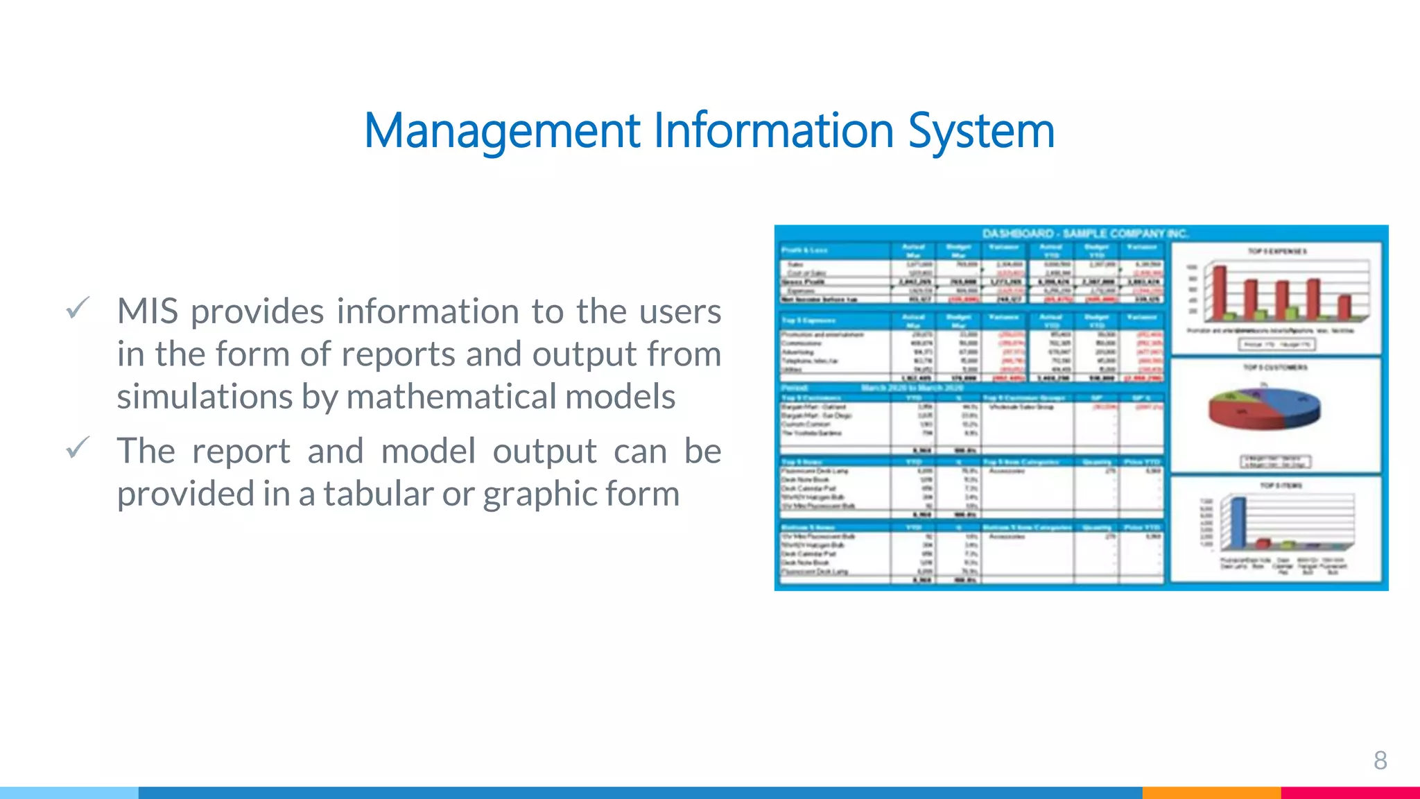 Management Information System
 MIS provides information to the users
in the form of reports and output from
simulations by mathematical models
 The report and model output can be
provided in a tabular or graphic form
8
 