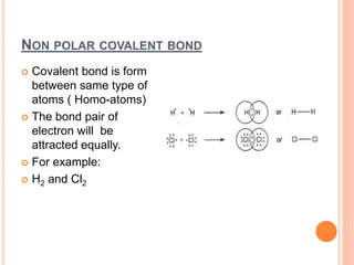 NON POLAR COVALENT BOND
 Covalent bond is form
between same type of
atoms ( Homo-atoms)
 The bond pair of
electron will be
attracted equally.
 For example:
 H2 and Cl2
 