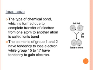 IONIC BOND
 The type of chemical bond,
which is formed due to
complete transfer of electron
from one atom to another atom
is called ionic bond
 The elements of group 1 and 2
have tendency to lose electron
while group 15 to 17 have
tendency to gain electron.
 