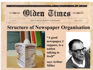 Structure of Newspaper Organisation
“A good
newspaper, I
suppose, is a
nation
talking to
itself”
says Arthur
Miller
 