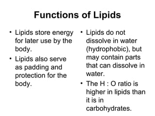 Functions of Lipids
• Lipids store energy
for later use by the
body.
• Lipids also serve
as padding and
protection for the
body.
• Lipids do not
dissolve in water
(hydrophobic), but
may contain parts
that can dissolve in
water.
• The H : O ratio is
higher in lipids than
it is in
carbohydrates.
 