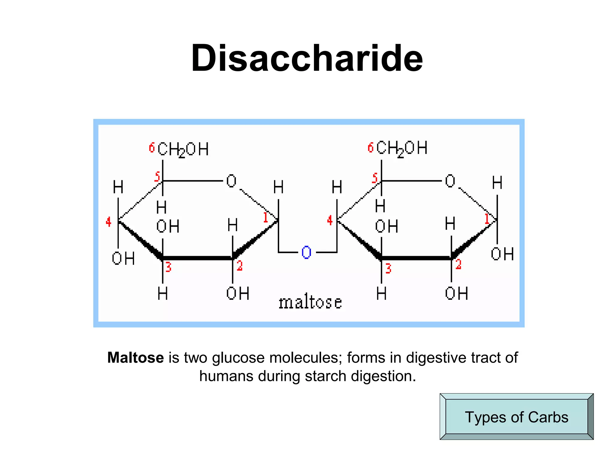 Disaccharide
Maltose is two glucose molecules; forms in digestive tract of
humans during starch digestion.
Types of Carbs
 