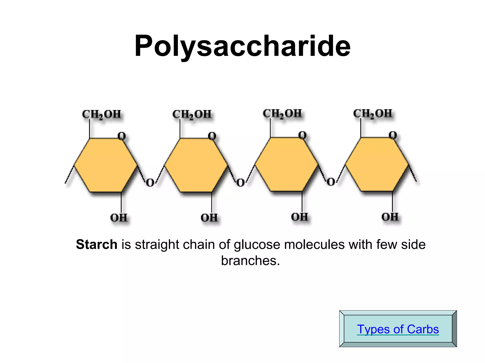 Polysaccharide
Starch is straight chain of glucose molecules with few side
branches.
Types of Carbs
 