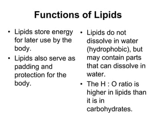 Functions of Lipids
• Lipids store energy
for later use by the
body.
• Lipids also serve as
padding and
protection for the
body.
• Lipids do not
dissolve in water
(hydrophobic), but
may contain parts
that can dissolve in
water.
• The H : O ratio is
higher in lipids than
it is in
carbohydrates.
 