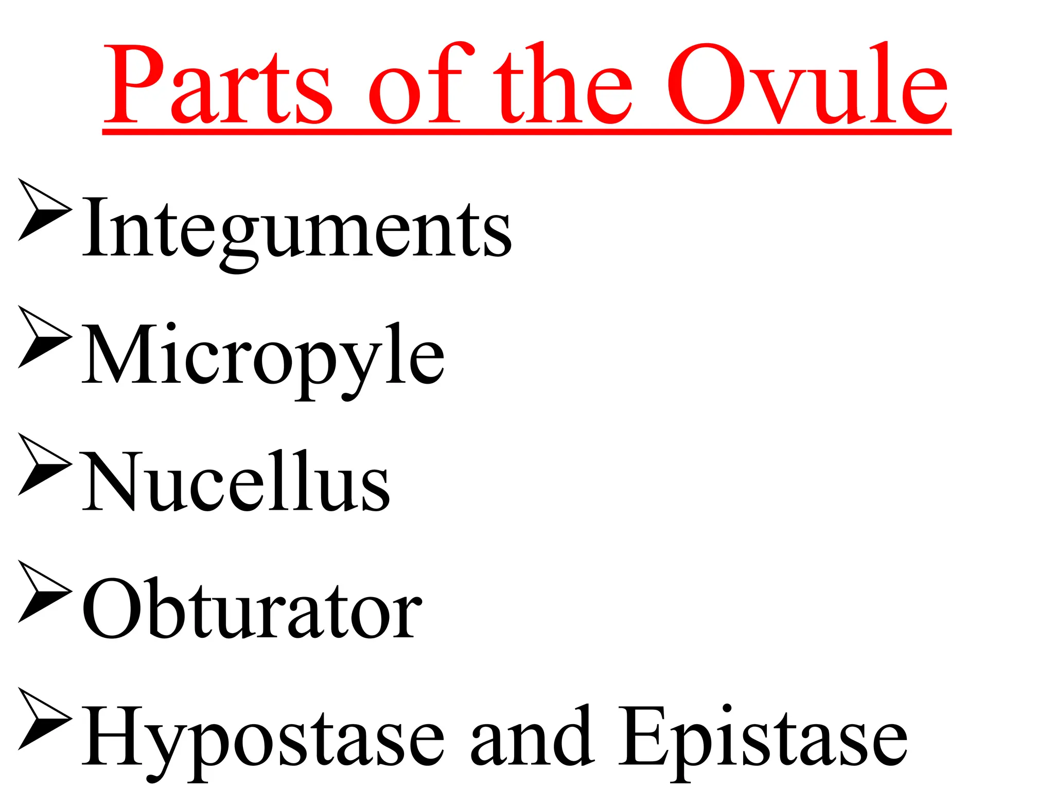 Parts of the Ovule
Integuments
Micropyle
Nucellus
Obturator
Hypostase and Epistase
 