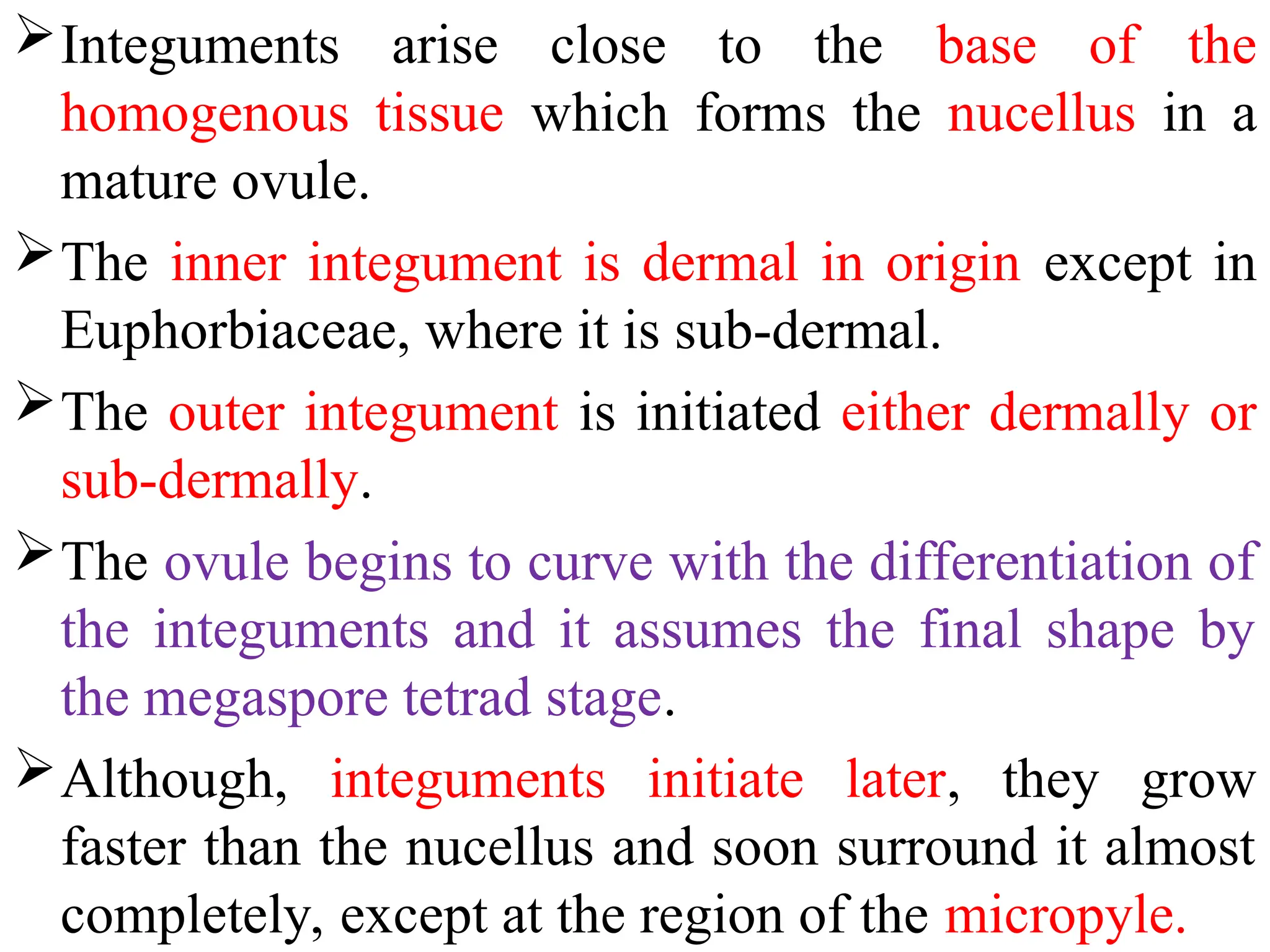 Integuments arise close to the base of the
homogenous tissue which forms the nucellus in a
mature ovule.
The inner integument is dermal in origin except in
Euphorbiaceae, where it is sub-dermal.
The outer integument is initiated either dermally or
sub-dermally.
The ovule begins to curve with the differentiation of
the integuments and it assumes the final shape by
the megaspore tetrad stage.
Although, integuments initiate later, they grow
faster than the nucellus and soon surround it almost
completely, except at the region of the micropyle.
 