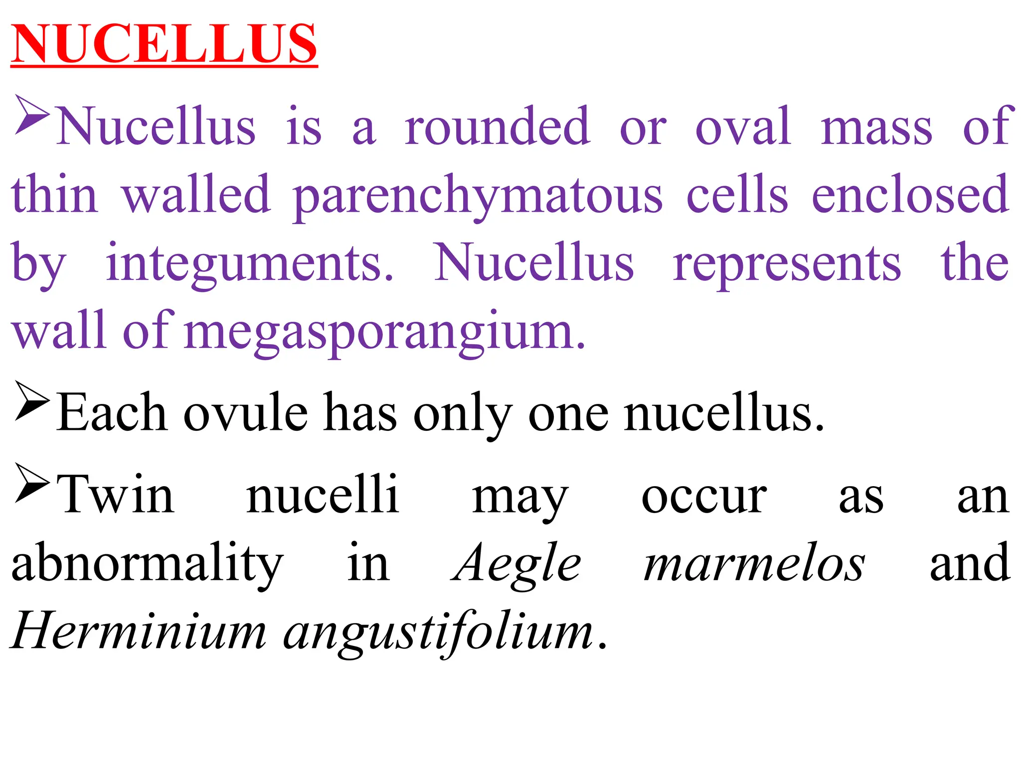 NUCELLUS
Nucellus is a rounded or oval mass of
thin walled parenchymatous cells enclosed
by integuments. Nucellus represents the
wall of megasporangium.
Each ovule has only one nucellus.
Twin nucelli may occur as an
abnormality in Aegle marmelos and
Herminium angustifolium.
 