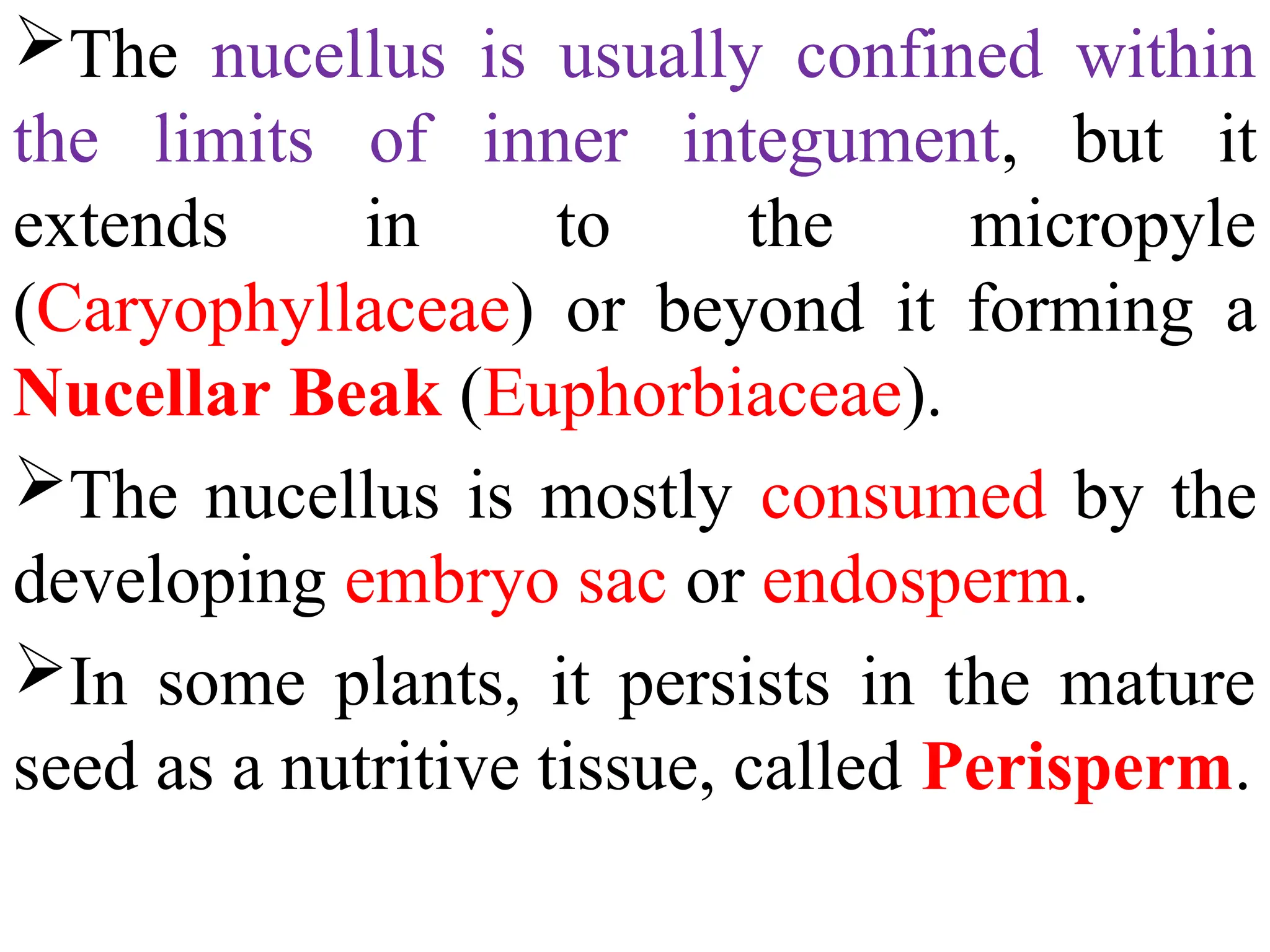 The nucellus is usually confined within
the limits of inner integument, but it
extends in to the micropyle
(Caryophyllaceae) or beyond it forming a
Nucellar Beak (Euphorbiaceae).
The nucellus is mostly consumed by the
developing embryo sac or endosperm.
In some plants, it persists in the mature
seed as a nutritive tissue, called Perisperm.
 