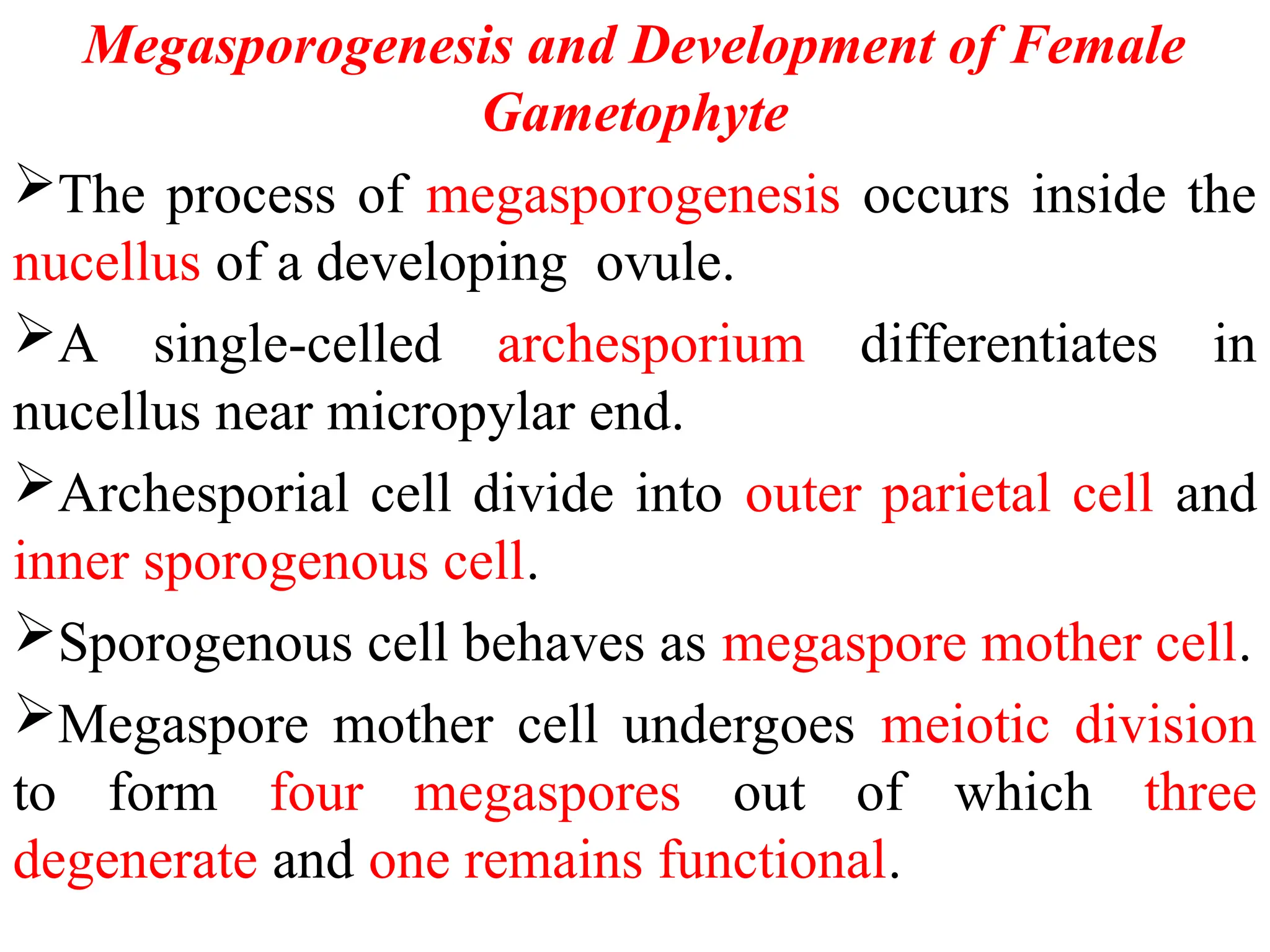 Megasporogenesis and Development of Female
Gametophyte
The process of megasporogenesis occurs inside the
nucellus of a developing ovule.
A single-celled archesporium differentiates in
nucellus near micropylar end.
Archesporial cell divide into outer parietal cell and
inner sporogenous cell.
Sporogenous cell behaves as megaspore mother cell.
Megaspore mother cell undergoes meiotic division
to form four megaspores out of which three
degenerate and one remains functional.
 