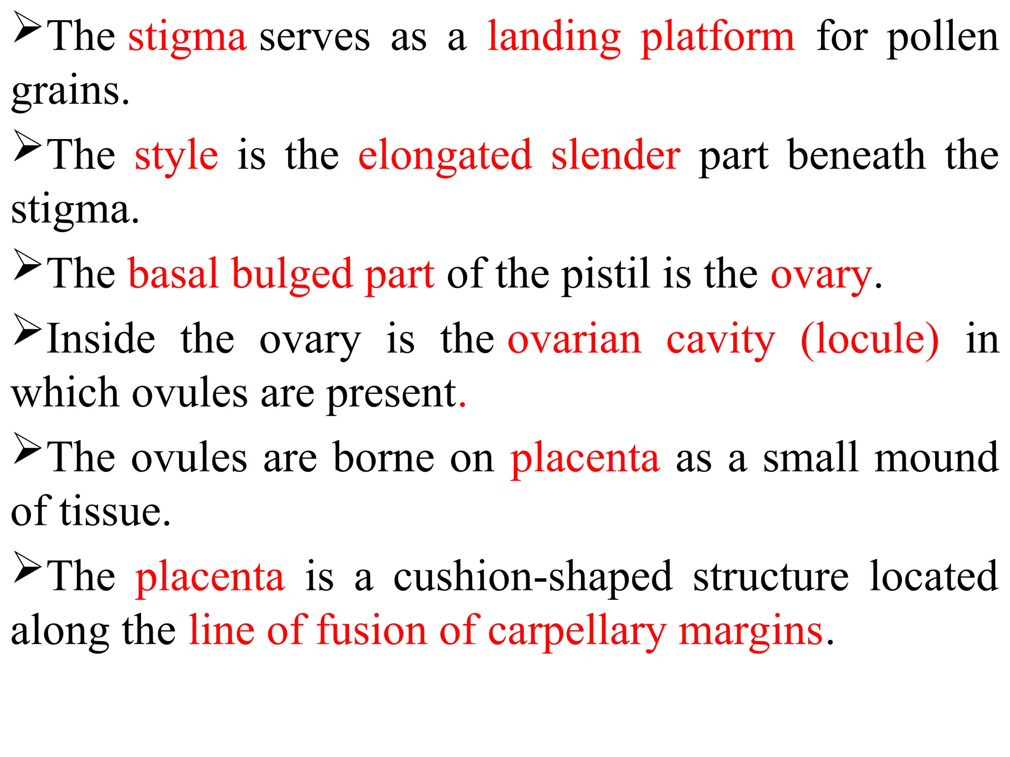 The stigma serves as a landing platform for pollen
grains.
The style is the elongated slender part beneath the
stigma.
The basal bulged part of the pistil is the ovary.
Inside the ovary is the ovarian cavity (locule) in
which ovules are present.
The ovules are borne on placenta as a small mound
of tissue.
The placenta is a cushion-shaped structure located
along the line of fusion of carpellary margins.
 
