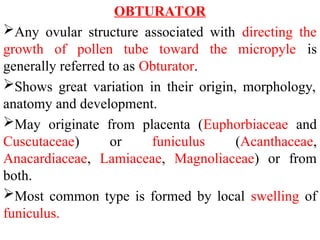 OBTURATOR
Any ovular structure associated with directing the
growth of pollen tube toward the micropyle is
generally referred to as Obturator.
Shows great variation in their origin, morphology,
anatomy and development.
May originate from placenta (Euphorbiaceae and
Cuscutaceae) or funiculus (Acanthaceae,
Anacardiaceae, Lamiaceae, Magnoliaceae) or from
both.
Most common type is formed by local swelling of
funiculus.
 