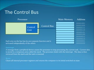 The Control Bus Control Unit Processor Main Memory Address 00000000 00000001 00000010 00000011 00000100 00000101 00000110 00000111 00001000 00001001 Control Bus Each wire on the bus has its own separate function and is activated independently of the others Interrupt A message from a peripheral device causes the processor to stop processing the current task.  Current data is stored in a temporary area called the stack.  The processor deals with the interrupt.  The data is then retrieved from the stack and the task is resumed Reset Clears all internal processor registers and returns the computer to its initial switched on state 