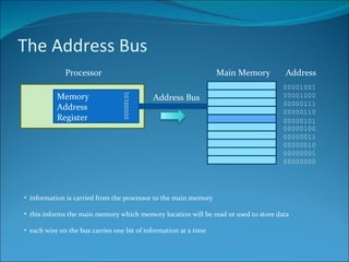 The Address Bus Memory Address Register Processor Main Memory Address 00000000 00000001 00000010 00000011 00000100 00000101 00000110 00000111 00001000 00001001 Address Bus information is carried from the processor to the main memory this informs the main memory which memory location will be read or used to store data each wire on the bus carries one bit of information at a time 