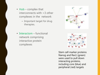 • Hub – complex that
interconnects with >3 other
complexes in the network
– Important target for drug
therapies.
• Interactom – functional
network comprising
interactive protein
complexes
Stem cell marker proteins
Nanog and Rex1 (green)
were used to pull down
interacting proteins,
including core (blue) and
peripheral (red) targets
 