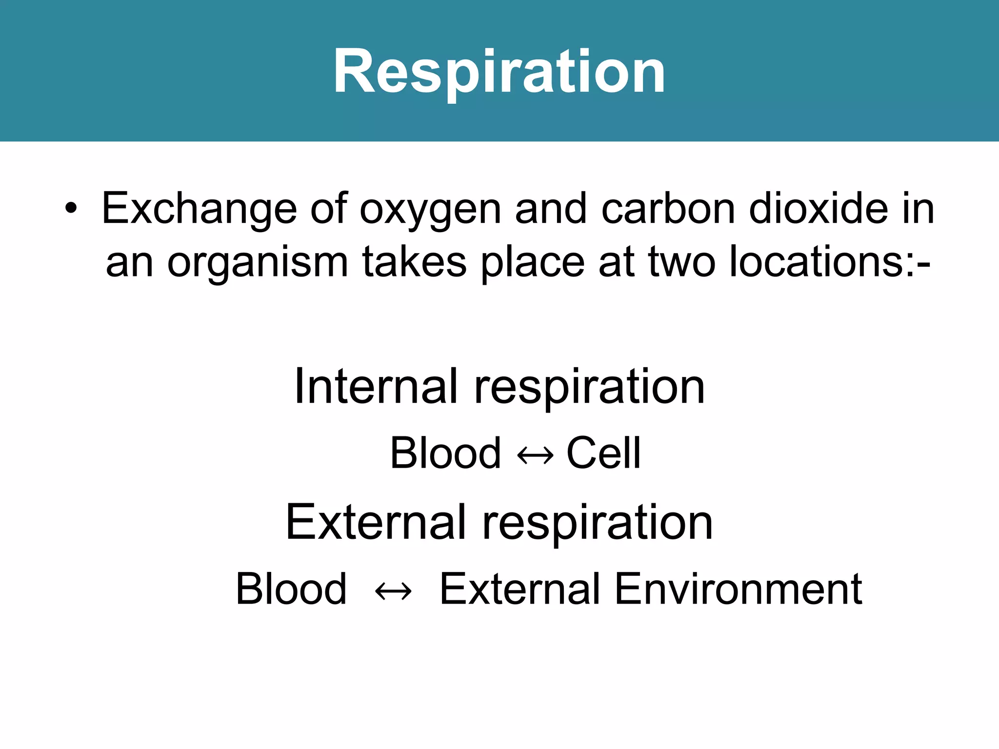 Respiration
• Exchange of oxygen and carbon dioxide in
an organism takes place at two locations:-
Internal respiration
Blood ↔ Cell
External respiration
Blood ↔ External Environment
 