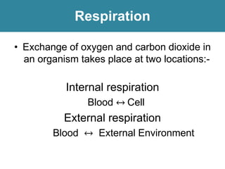 Respiration
• Exchange of oxygen and carbon dioxide in
an organism takes place at two locations:-
Internal respiration
Blood ↔ Cell
External respiration
Blood ↔ External Environment
 