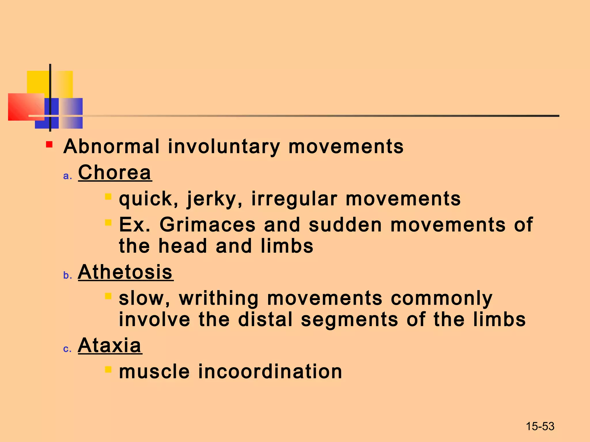 15-53
 Abnormal involuntary movements
a. Chorea
 quick, jerky, irregular movements
 Ex. Grimaces and sudden movements of
the head and limbs
b. Athetosis
 slow, writhing movements commonly
involve the distal segments of the limbs
c. Ataxia
 muscle incoordination
 