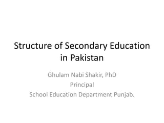 Structure of Secondary Education
in Pakistan
Ghulam Nabi Shakir, PhD
Principal
School Education Department Punjab.
 
