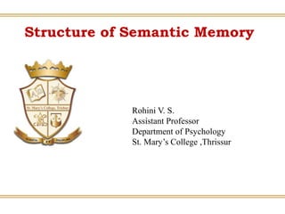 Structure of Semantic Memory
Rohini V. S.
Assistant Professor
Department of Psychology
St. Mary’s College ,Thrissur
 
