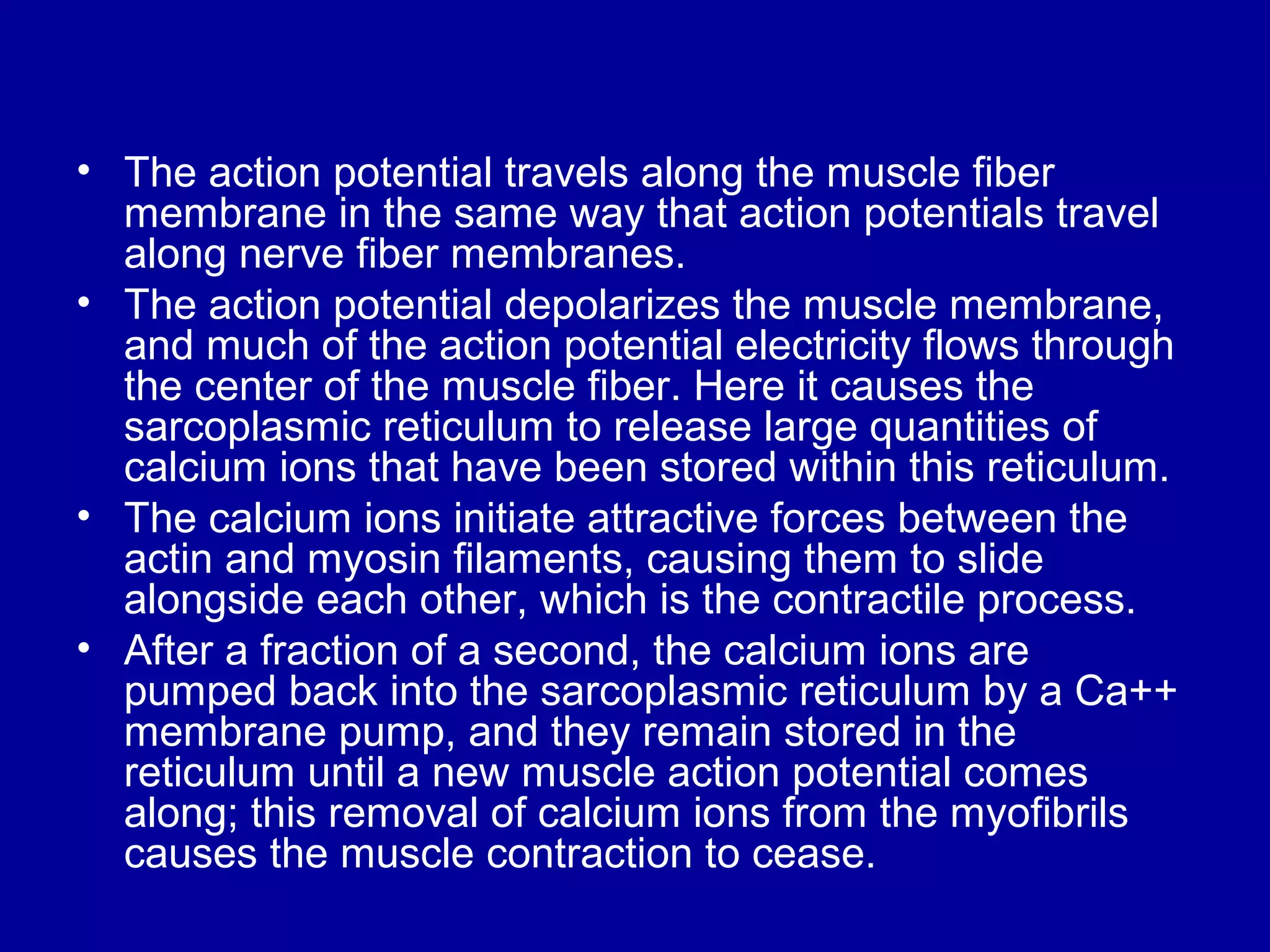 • The action potential travels along the muscle fiber
membrane in the same way that action potentials travel
along nerve fiber membranes.
• The action potential depolarizes the muscle membrane,
and much of the action potential electricity flows through
the center of the muscle fiber. Here it causes the
sarcoplasmic reticulum to release large quantities of
calcium ions that have been stored within this reticulum.
• The calcium ions initiate attractive forces between the
actin and myosin filaments, causing them to slide
alongside each other, which is the contractile process.
• After a fraction of a second, the calcium ions are
pumped back into the sarcoplasmic reticulum by a Ca++
membrane pump, and they remain stored in the
reticulum until a new muscle action potential comes
along; this removal of calcium ions from the myofibrils
causes the muscle contraction to cease.
 