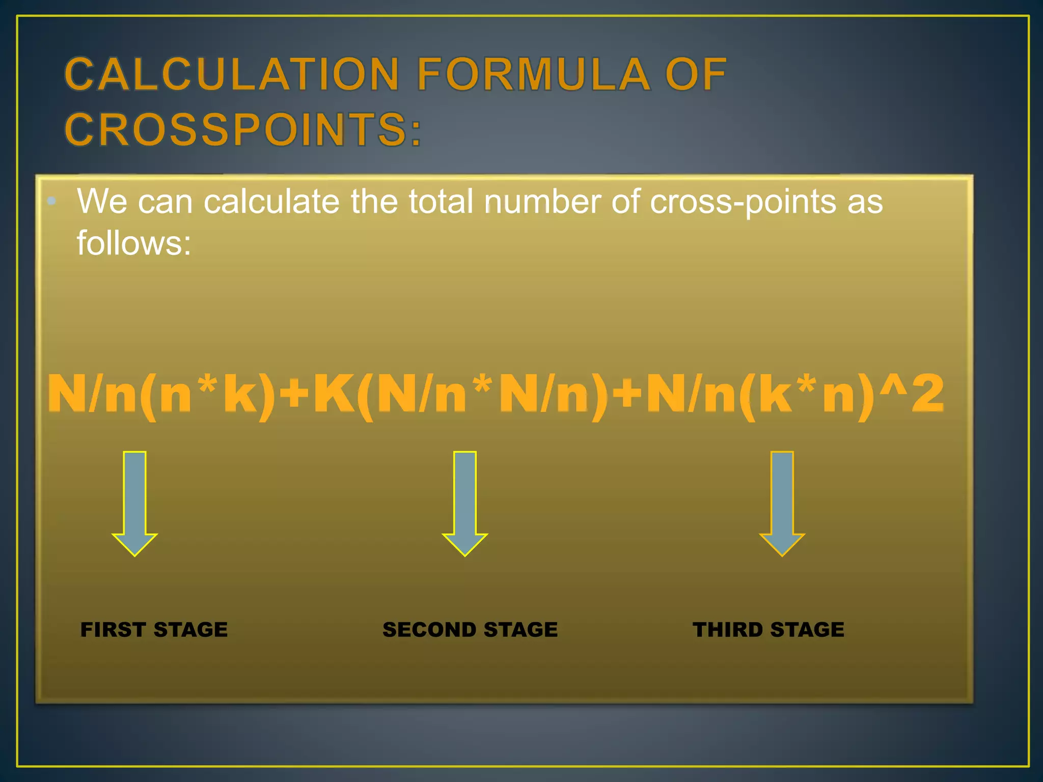 • We can calculate the total number of cross-points as
follows:
N/n(n*k)+K(N/n*N/n)+N/n(k*n)^2
FIRST STAGE SECOND STAGE THIRD STAGE
 