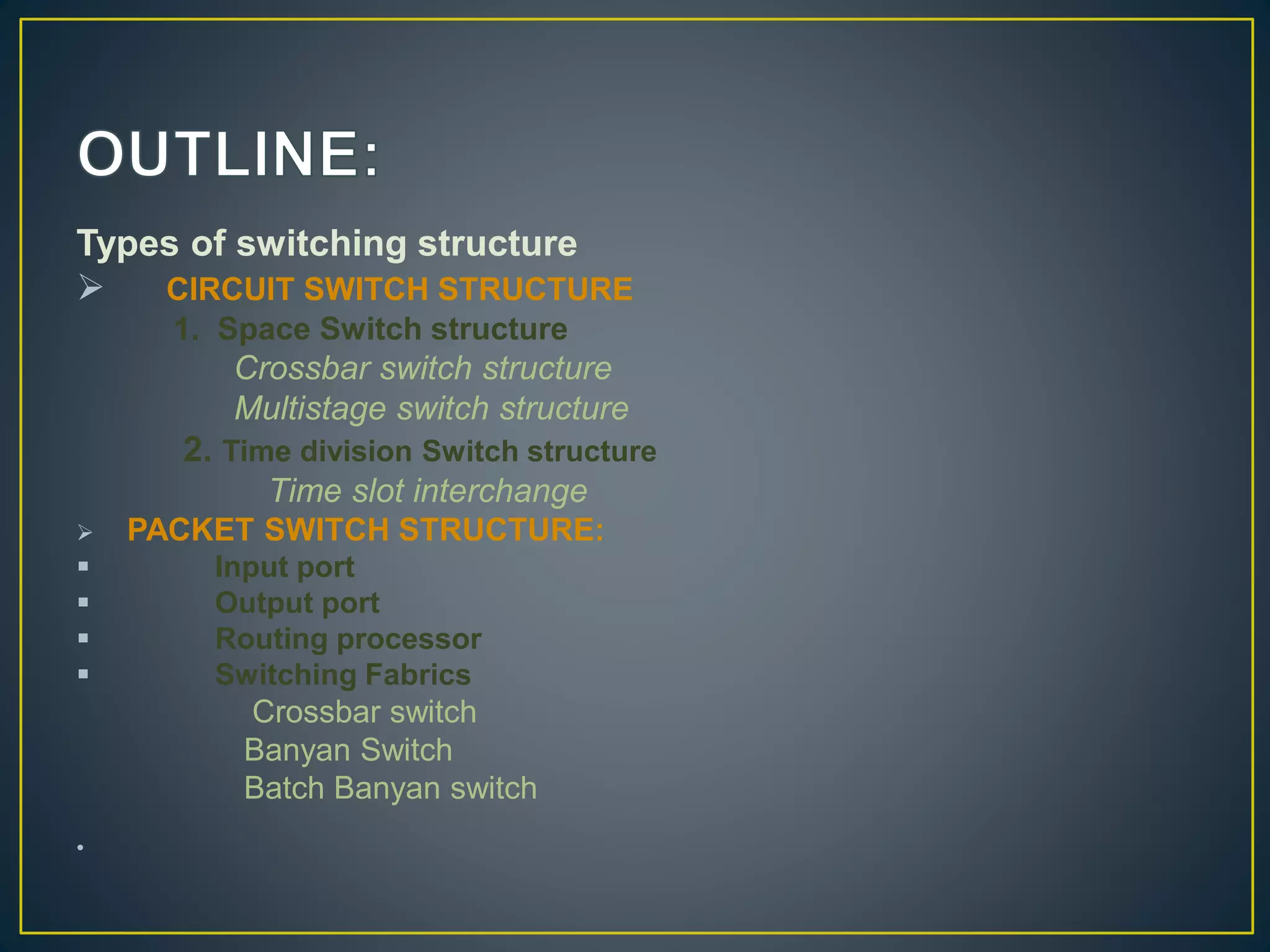 Types of switching structure
 CIRCUIT SWITCH STRUCTURE
1. Space Switch structure
Crossbar switch structure
Multistage switch structure
2. Time division Switch structure
Time slot interchange
 PACKET SWITCH STRUCTURE:
 Input port
 Output port
 Routing processor
 Switching Fabrics
Crossbar switch
Banyan Switch
Batch Banyan switch
•
 