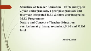 Structure of Teacher Education – levels and types:
2 year undergraduate, 2 year post graduate and
four year integrated B.Ed & three year integrated
M.Ed Programme.
Nature and Concept of Teacher Education
curriculum at primary, secondary,B.Ed and M.Ed
level
Anu P Kumar
 
