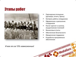 Этапы работ
                                    Партнерские отношения
                                     (договора, отчеты, бронь)
                                    Контроль работы сотрудников
                                    Оформление и увольнение
                                     сотрудников
                                    Расчет зарплат и налогов,
                                     осуществление платежей
                                    Финансовые отчеты
                                    Обеспечение безопасности
                                    Юридическая поддержка
                                    Разработка программного
                                     обеспечения



И все это за 13% комиссионных!
 
