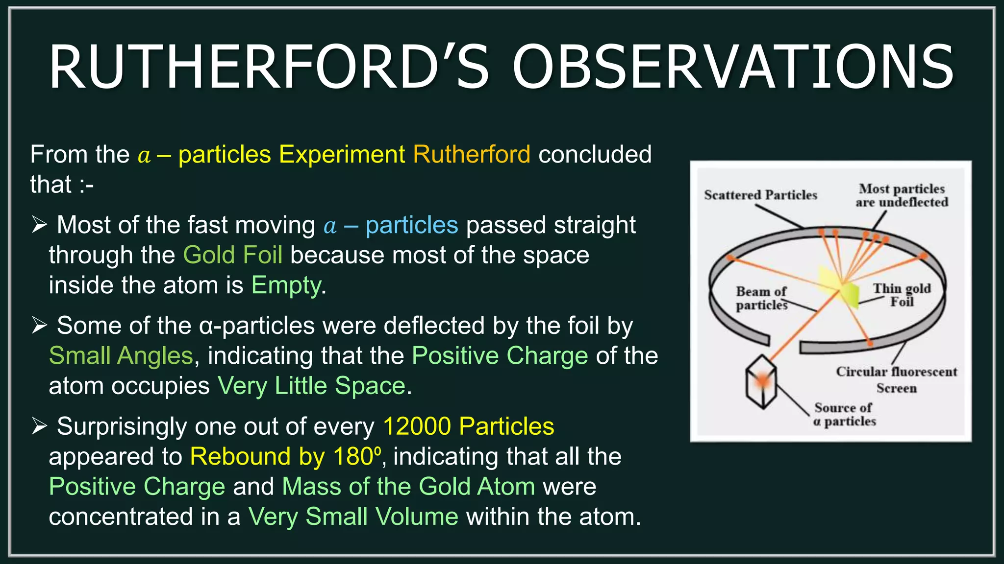 RUTHERFORD’S OBSERVATIONS
From the 𝑎 – particles Experiment Rutherford concluded
that :-
 Most of the fast moving 𝑎 – particles passed straight
through the Gold Foil because most of the space
inside the atom is Empty.
 Some of the α-particles were deflected by the foil by
Small Angles, indicating that the Positive Charge of the
atom occupies Very Little Space.
 Surprisingly one out of every 12000 Particles
appeared to Rebound by 180º, indicating that all the
Positive Charge and Mass of the Gold Atom were
concentrated in a Very Small Volume within the atom.
 