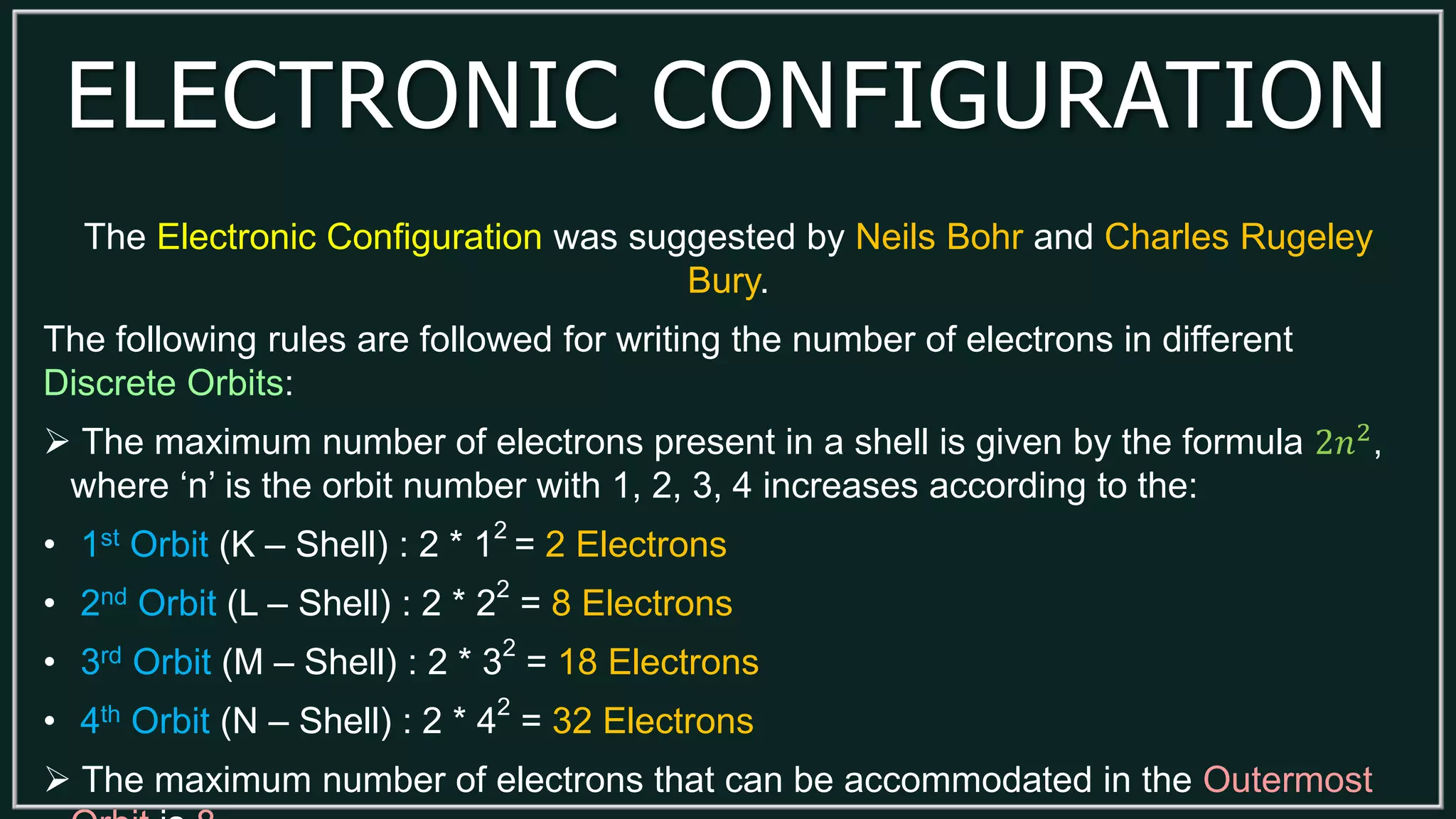 ELECTRONIC CONFIGURATION
The Electronic Configuration was suggested by Neils Bohr and Charles Rugeley
Bury.
The following rules are followed for writing the number of electrons in different
Discrete Orbits:
 The maximum number of electrons present in a shell is given by the formula 2𝑛2
,
where ‘n’ is the orbit number with 1, 2, 3, 4 increases according to the:
• 1st Orbit (K – Shell) : 2 * 1
2
= 2 Electrons
• 2nd Orbit (L – Shell) : 2 * 2
2
= 8 Electrons
• 3rd Orbit (M – Shell) : 2 * 32
= 18 Electrons
• 4th Orbit (N – Shell) : 2 * 4
2
= 32 Electrons
 The maximum number of electrons that can be accommodated in the Outermost
 