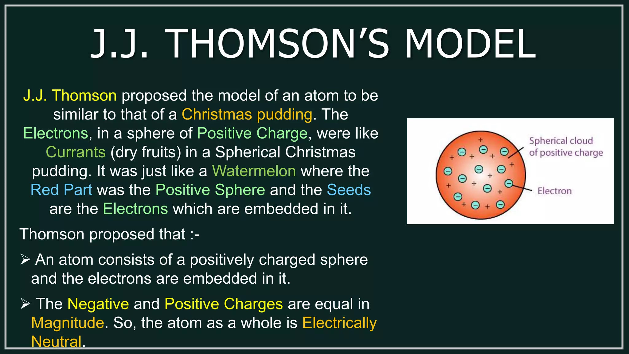 J.J. THOMSON’S MODEL
J.J. Thomson proposed the model of an atom to be
similar to that of a Christmas pudding. The
Electrons, in a sphere of Positive Charge, were like
Currants (dry fruits) in a Spherical Christmas
pudding. It was just like a Watermelon where the
Red Part was the Positive Sphere and the Seeds
are the Electrons which are embedded in it.
Thomson proposed that :-
 An atom consists of a positively charged sphere
and the electrons are embedded in it.
 The Negative and Positive Charges are equal in
Magnitude. So, the atom as a whole is Electrically
Neutral.
 