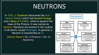 NEUTRONS
In 1932, J. Chadwick discovered the Sub –
Atomic Particle which had Neutral Charge
and a Mass of 1 A.M.U. which is equal to the
mass of the Protons. It was named as
Neutron. Neutrons are present in the nucleus
of all atoms, except Hydrogen. In general, a
Neutron is represented as ‘n’.
(Atomic Mass = No. of Protons + No. of
Neutrons)
 