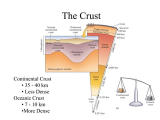 The Crust
Continental Crust
• 35 - 40 km
• Less Dense
Oceanic Crust
• 7 - 10 km
•More Dense
 