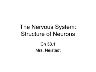 The Nervous System:
Structure of Neurons
       Ch 33.1
     Mrs. Neistadt
 