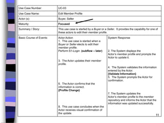 11
Use Case Number: UC-03
Use Case Name: Edit Member Profile
Actor (s): Buyer, Seller
Maturity: Focused
Summary / Story: This use case is started by a Buyer or a Seller. It provides the capability for one of
these actors to edit their member profile.
Basic Course of Events: Actor Action
1. This use case is started when a
Buyer or Seller elects to edit their
member profile.
Perform S1-Login (subflow – later)
3. The Actor updates their member
profile.
6. The Actor confirms that the
information is correct.
{Profile Change}
8. This use case concludes when the
Actor receives visual confirmation of
the update.
System Response
2. The System displays the
Actor’s member profile and prompts the
Actor to update it.
4. The System validates the information
entered by the Actor.
{Validate Information}
5. The System prompts the Actor for
confirmation.
7. The System updates the
Actor’s member profile to the member
repository and informs the Actor that the
information was updated successfully.
 